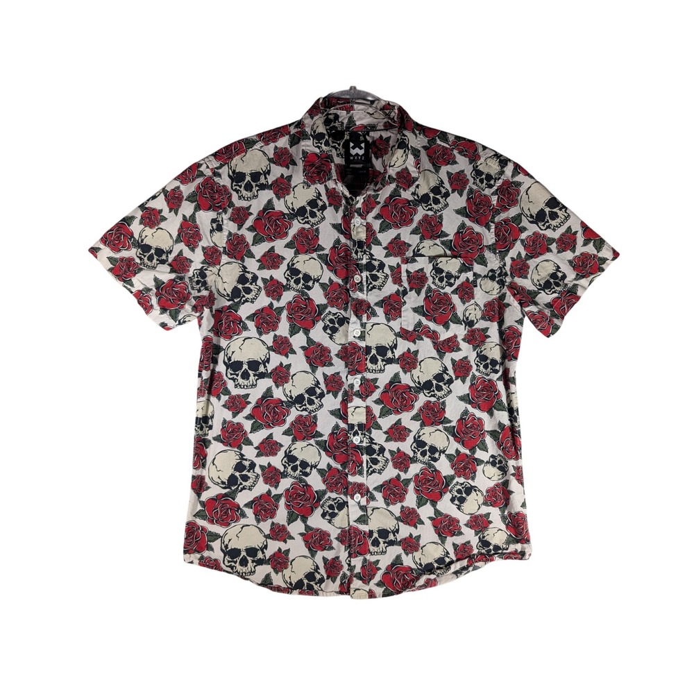 WXYZ Mfg Co Mens Large Skull Rose Tattoo Print Cotton Short Sleeve Button Shirt
